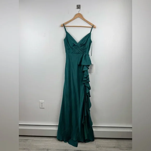 Mac Duggal | Dresses | Nwt Mac Duggal Satin Ruffled Asymmetrical Maxi Dress  Gown Emerald Green Size 4 | Poshmark